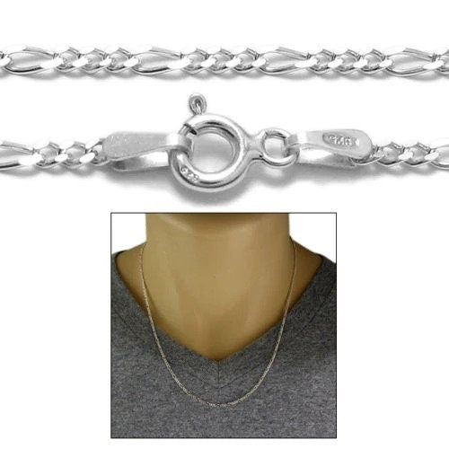 Sterling Silver Figaro Chain Necklace 2mm (Gauge 050). Available in 5 Lengths Solid 925 Chain Precious Gift