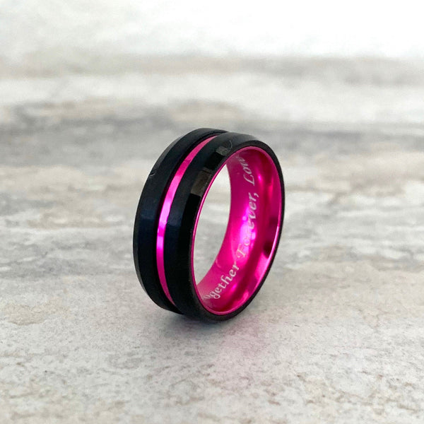 Pink Tungsten Rings, Pink Rings, Black Wedding Bands, Black Wedding Ring,  Barb Wire Rings, Pink Wedding Bands, Couple Ring Set