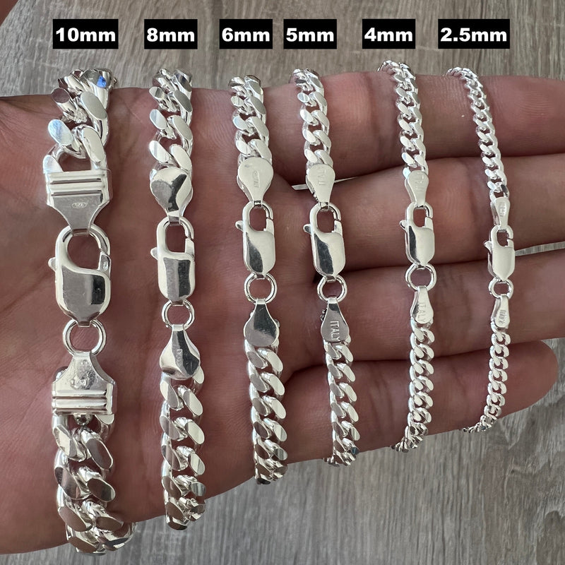 8mm 925 Solid Miami Cuban Sterling Silver Chain Real Heavy Curb Necklace  Men's Women's Unisex 7 7.5 8 18 20 22 24 26 30 Italian
