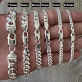 925 Solid Miami Cuban Sterling Silver Chain Real Heavy Curb Necklace Bracelet Men's Women's Unisex 2.5mm 4mm 5mm 6mm 8mm 10mm Italian